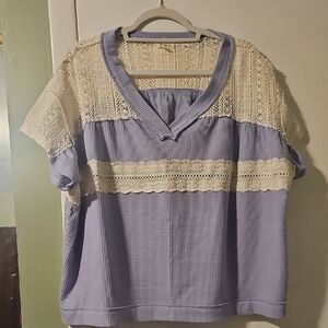 POL Women's Blue and Cream Lace Blouse